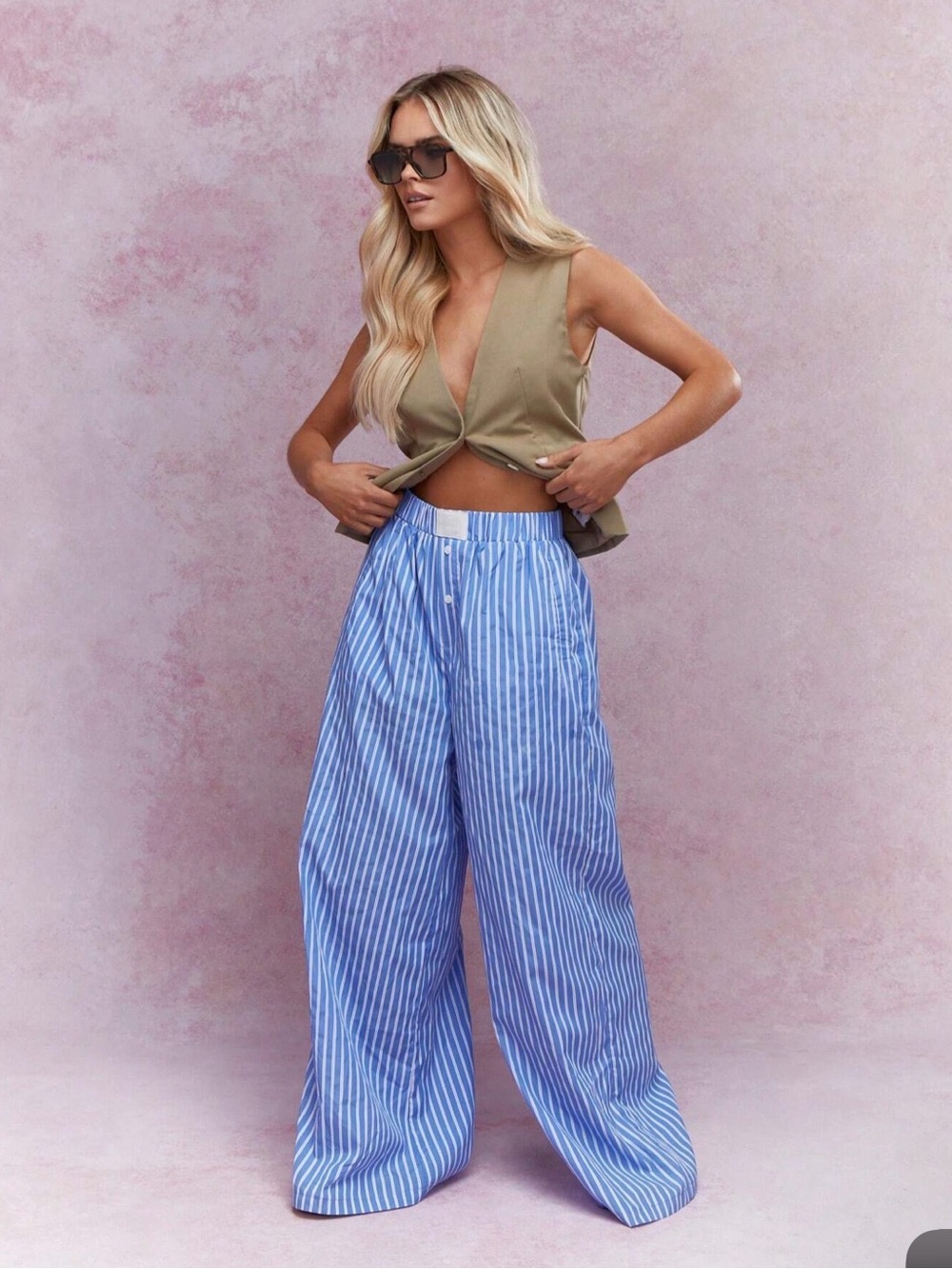 Missguided + Blue & White Vertical Stripe Wide-Leg Pants